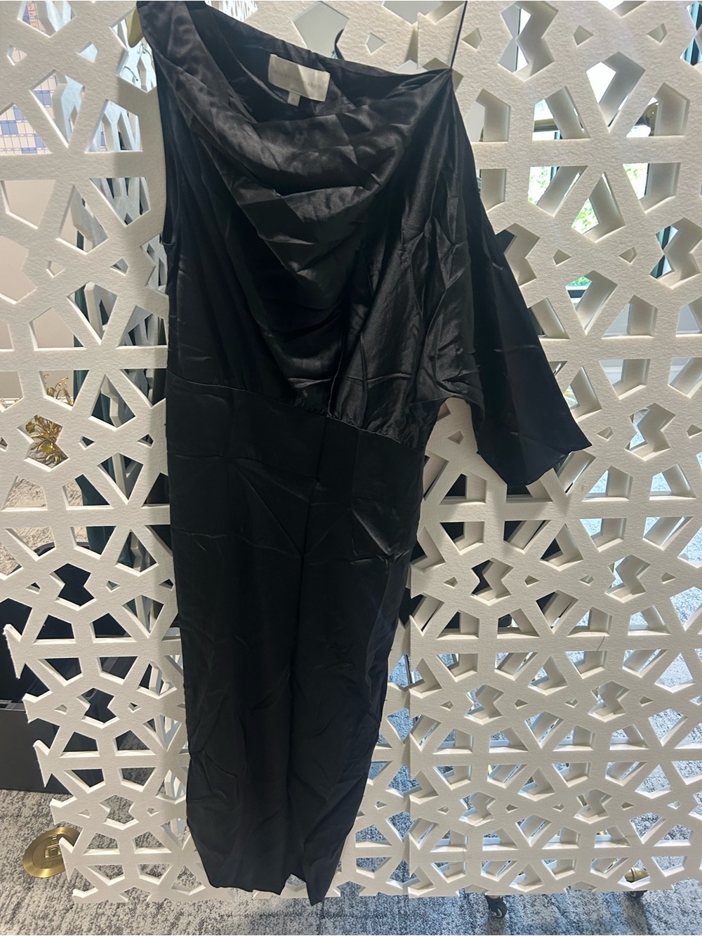 Michelle Mason One-Shoulder Black Evening Dress with Draped Neckline